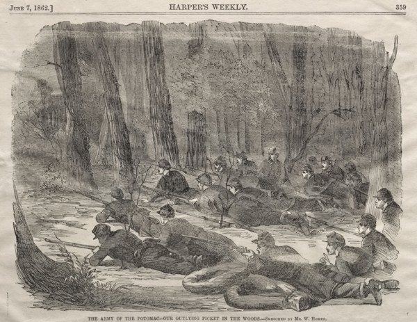 The Army of the Potomac - Our Outlying Picket in the Woods, 1862. Winslow Homer (American,