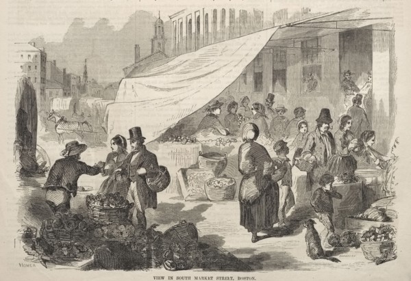 View in South Market Street, Boston, 1857. Winslow Homer (American, 1836-1910). Wood engraving