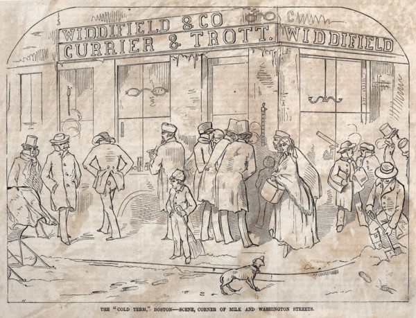 The "Cold Term," Boston - Scene, Corner Milk and Washington Streets, 1858. Winslow Homer (American,