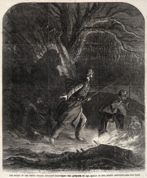 The Picket of the Tenth Indiana Regiment discovering the Approach of the Rebels at Mill Spring,