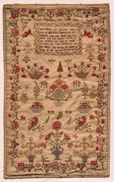 Sampler, 1828. England, early 19th century. Embroidery on wool ground; overall: 54 x 33.4 cm (21
