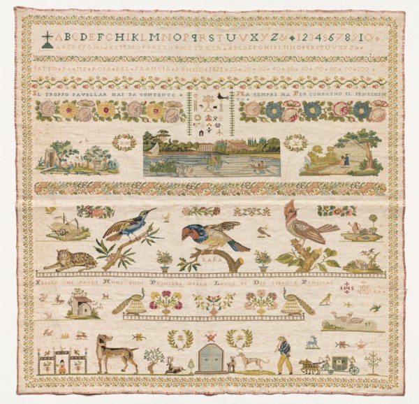 Sampler, 1821. Italy, 19th century. Embroidery; silk on cotton; overall: 73.7 x 73.7 cm (29 x 29 in
