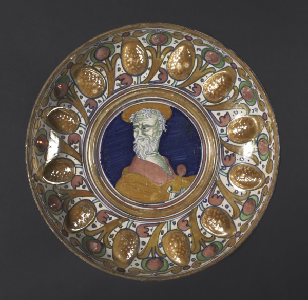 Bowl: Bust of Paul, c. 1535. Italy, 16th century. Tin-glazed earthenware with gold and red lustre