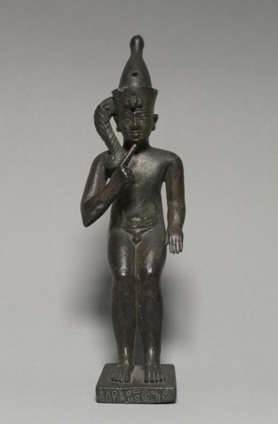 Statuette of Harpocrates, 304-30 BC. Egypt, Greco-Roman Period, Ptolemaic Dynasty. Bronze, solid