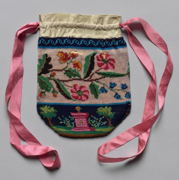 Beaded Bag (floral motif), 19th century. America, 19th century. Silksatin, glass beads, pink ribbon