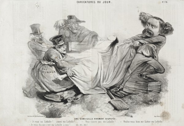 Caricature du Jour:  No. 78, Un Demoisellevivement diisputée. Charles-Émile Jacque (French,