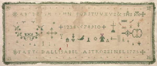 Sampler, 1775. Italy, 18th century. Embroidery; silk on linen; overall: 21 x 51.8 cm (8 1/4 x 20