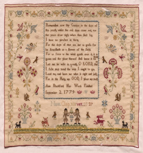 Sampler, 1779. England, late 18th century. Embroidery; silk on woolen canvas; overall: 32.2 x 30.5