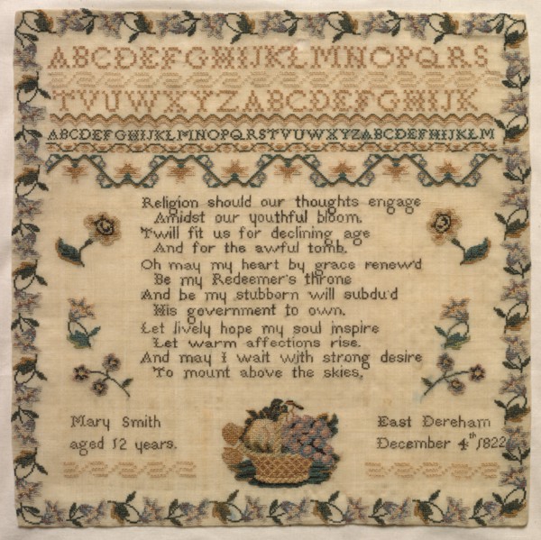 Sampler, 1822. England, early 19th century. Embroidery; silk on woolen canvas; overall: 29.2 x 29.5