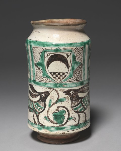 Albarello with Two Rabbits, 1300s. Spain, Paterna, 14th century. Tin-glazed earthenware (maiolica);