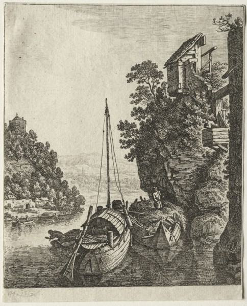 Two Boats moored under a rock, 1667. Herman Saftleven (Dutch, 1609-1685). Etching