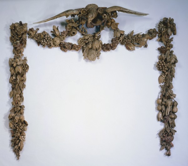 Overmantel, c. 1675-1677. Grinling Gibbons (British, 1648-1721). Lindenwood; part 1: 69.3 x 178.4