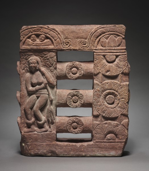 Section of Monolithic Railing with Bather and Lotus Medallions, c. 150-250. India, Mathura, Kushan
