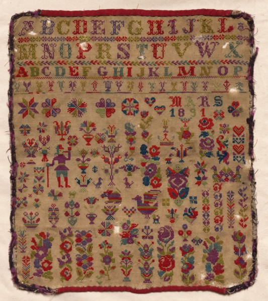 Sampler, 1891. Czechoslovakia, late 19th century. Embroidery; coarse linen ground, wool cross