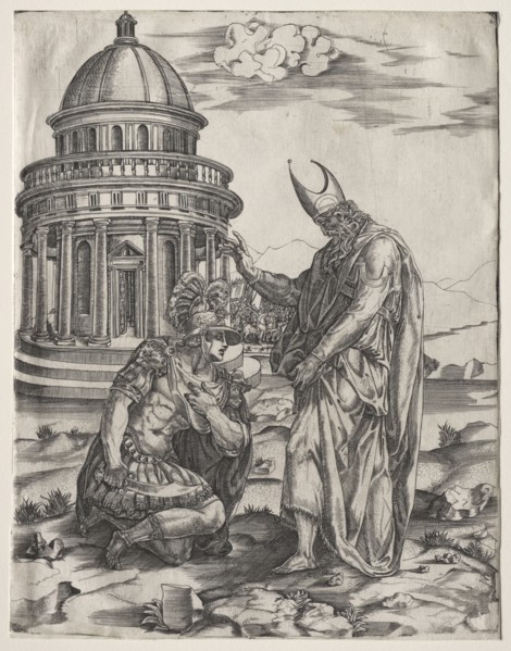 Alexander the Great and the High Priest of Jerusalem, mid 1540s. Master IRs (Italian). Engraving;