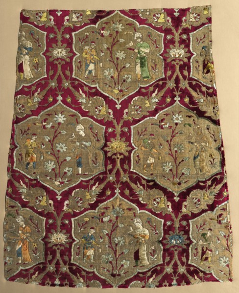 Brocaded velvet with falconer and attendant in animated lattice, from a robe, mid 1500s. Iran,