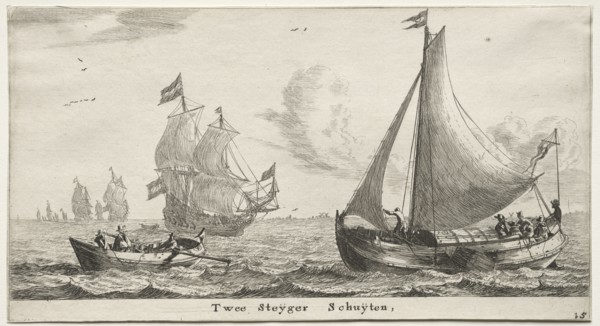 Ships of Amsterdam:  Two Pier Boats. Reinier Nooms (Dutch, c. 1623-1667). Etching