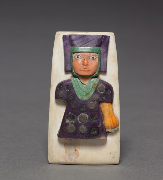 Ornament with Figure, 600-1000. Central Andes, Wari style. Shell, stone, and metal (silver?);