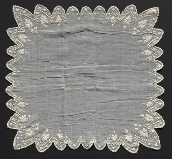 Handkerchief, 1800s. France, 19th century. Embroidery; cotton on linen; overall: 45.7 x 43.2 cm (18