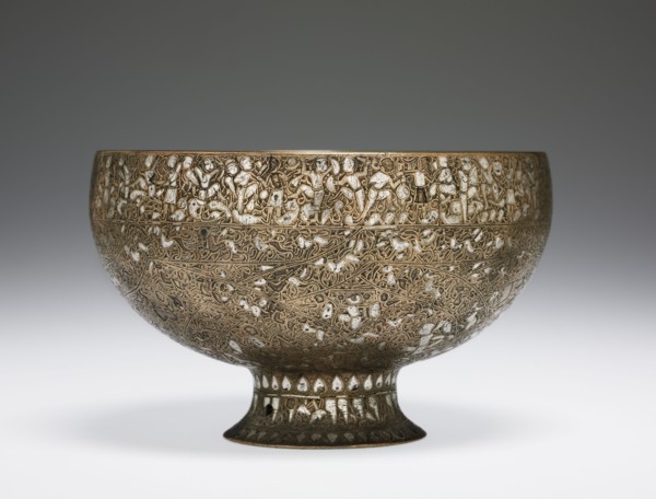 The Wade Cup with Animated Script, 1200-1221. Iran, Seljuk Period, 13th Century. Brass inlaid with