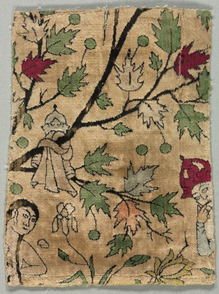 Velvet Fragment, Khusrau Sees Shirin Bathing, 1550-99. Iran, Kashan, Safavid period (1501-1722).
