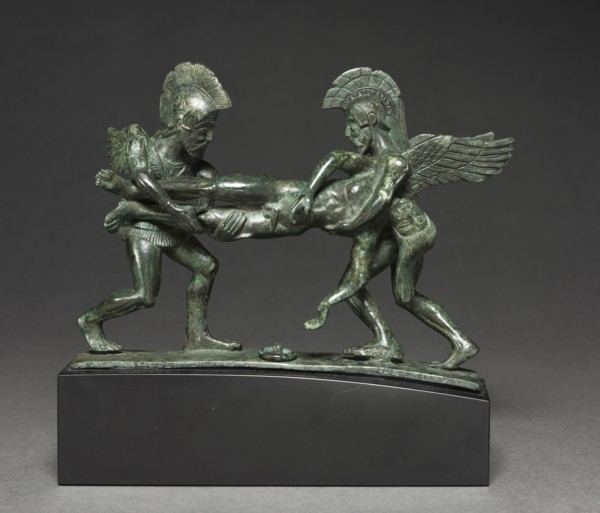 Sleep and Death Cista Handle, 400-375 BC. Italy, Etruscan, early 4th Century BC. Bronze; with base: