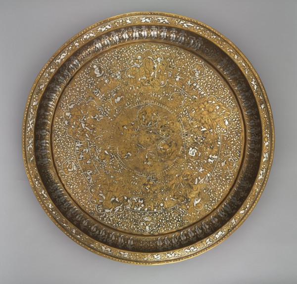 Tray Portraying Courtly Pleasures, 1240s. Syria, Ayyubid Period, 13th century. Sheet brass inlaid