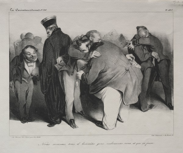 La Caricature (Journal) no. 210: Caricature, plate 439: We are all honest men, so let us embrace