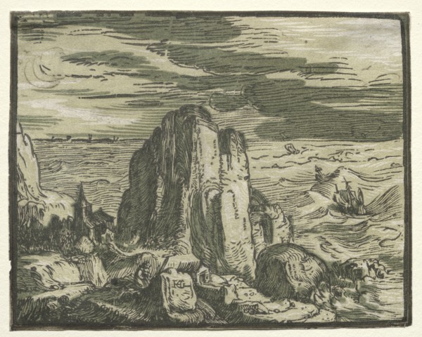 From  a set of 4 Landscapes: Cliffon the seashore. Hendrick Goltzius (Dutch, 1558–1617).