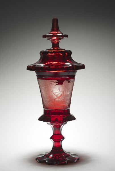 Covered Cup, mid-1800s. Bohemia, 19th century. Ruby glass with engraved decoration; diameter: 36.5