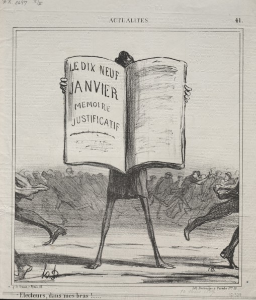 Published in le Charivari (10 March 1869): Actualities (No. 41): Electors, in my arms!..., 1869.