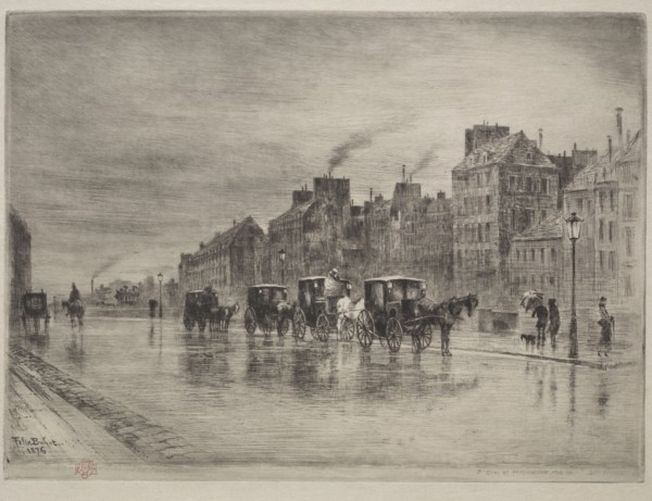 A Winter Morning on the Quai de l'Hôtel -Dieu, 1876. Félix Hilaire Buhot (French, 1847-1898).