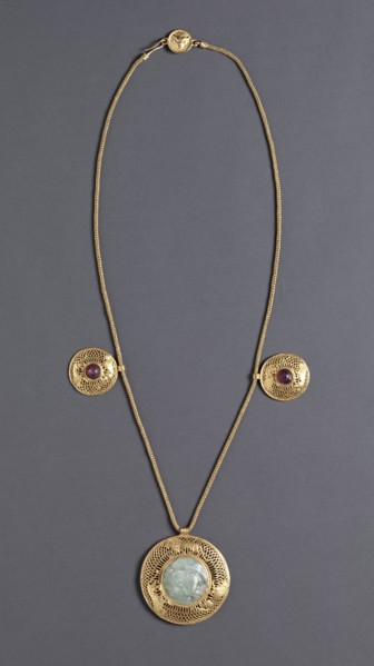 Necklace with Three Pendants, 1-199. Greece, Roman Empire, 1st to 2nd century AD. Gold, amethyst,