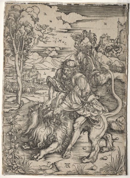 Samson Killing the Lion, c. 1496-1497. Albrecht Dürer (German, 1471-1528). Woodcut