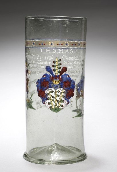 Beaker ("Welcome Glass") with Arms and Inscriptions, 1616. Germany, 17th century. Enameled glass;