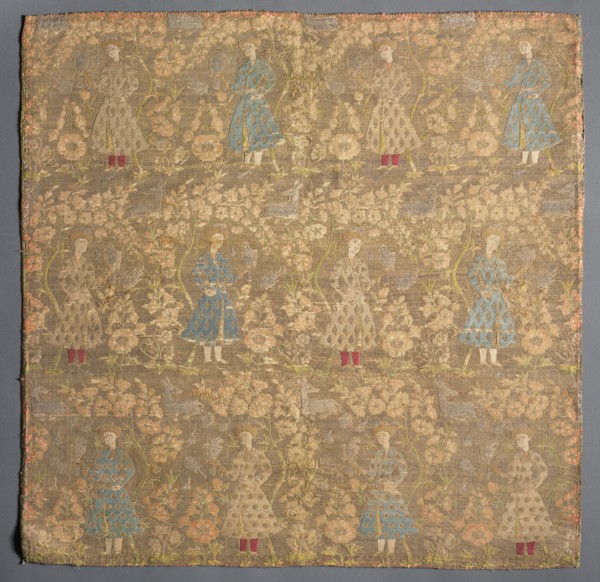Twill weave with falconers amid rose bushes, 1650-1699. Iran, Safavid period (1501-1722). Twill