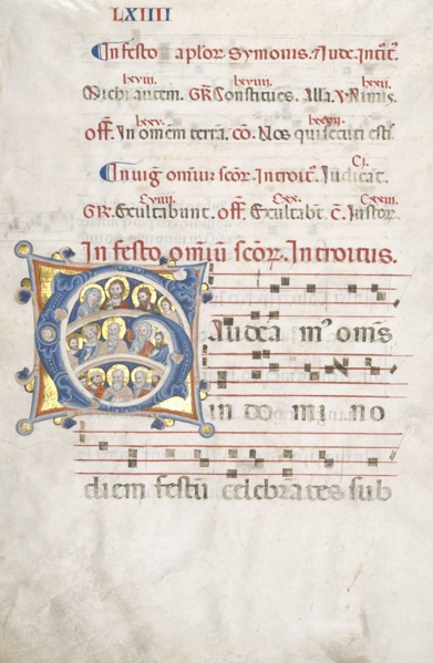 Leaf from a Gradual:  Initial (G) with Christ, the Virgin, and Apostles, c. 1300. Italy, Siena (?).