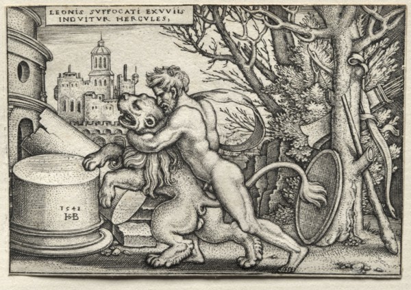 The Labors of Hercules:  Hercules Strangling the Nemean Lion, 1548. Hans Sebald Beham (German,