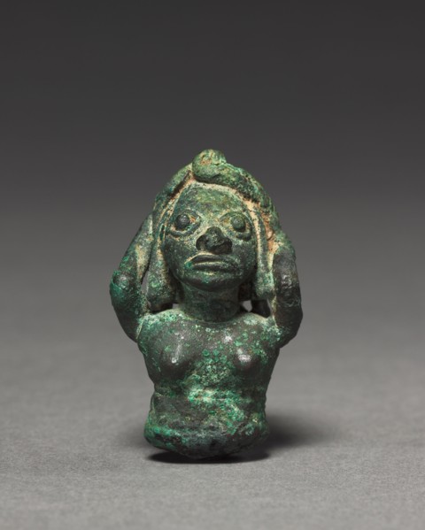 Woman with Water Jar, 400-1000. Peru, Mochica, 5th-10th Century. Bronze; overall: 4.2 x 3 x 3.6 cm