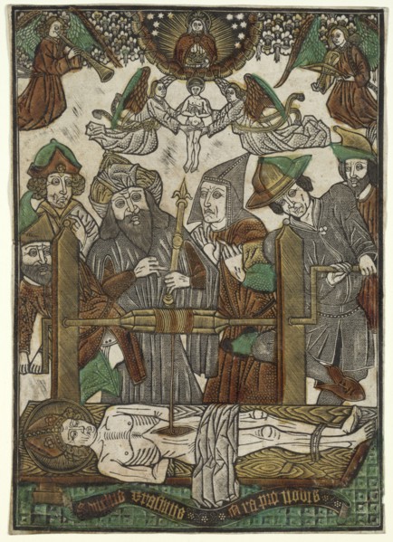 The Martyrdom of St. Erasmus, c. 1480. Master of the Bergwolken (German). Dotted print with hand