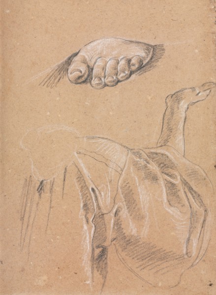 Verona Sketchbook: Study of a left foot and drapery study with right arm (page 79), 1760. Francesco