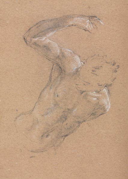Verona Sketchbook :Male nude with upraised right arm (page 32), 1760. Francesco Lorenzi (Italian,