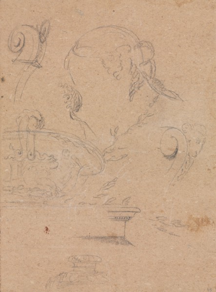 Verona Sketchbook: Architectural motifs with female head (page 45), 1760. Francesco Lorenzi