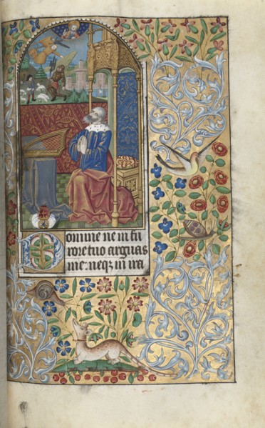 Book of Hours (Use of Rouen): fol. 80r, David Penitent, in the Distance David Slaying Goliath, c.