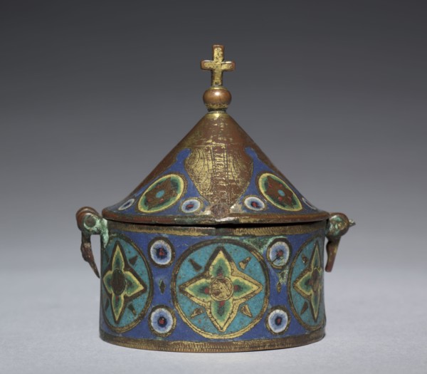 Pyx, c. 1250. France, Limousin, Limoges, Gothic period, mid-13th century. Gilded copper, champlevé