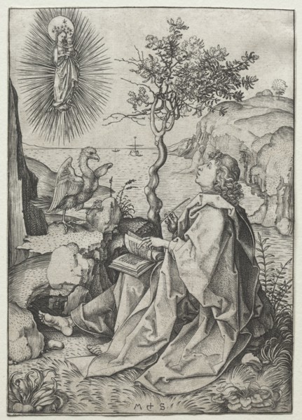 St. John the Evangelist on the Isle of Patmos. Martin Schongauer (German, c.1450-1491). Engraving
