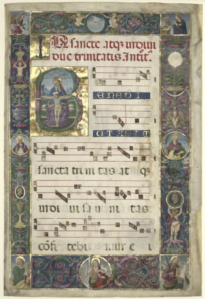 The Trinity:  Leaf from a Gradual with Initial B, c. 1496-1502. Circle of Perugino (Italian,