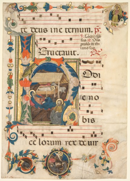Leaf from an Antiphonary with Historiated Initial (H) with The Nativity (recto), early 14th Century
