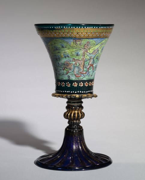The Peddler Goblet, 1800s. Italy, Venice (Murano), 19th century. Green and blue glass, enameled and