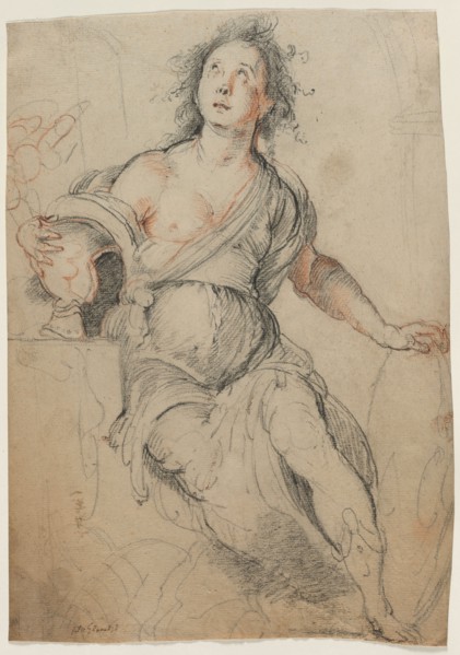 Allegorical Figure, c. 1635. Bernardo Strozzi (Italian, 1581?-1644). Black chalk with red chalk ;